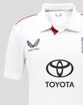 Front view of white England Test short sleeve cricket shirt with Toyota sponsor and Castore branding