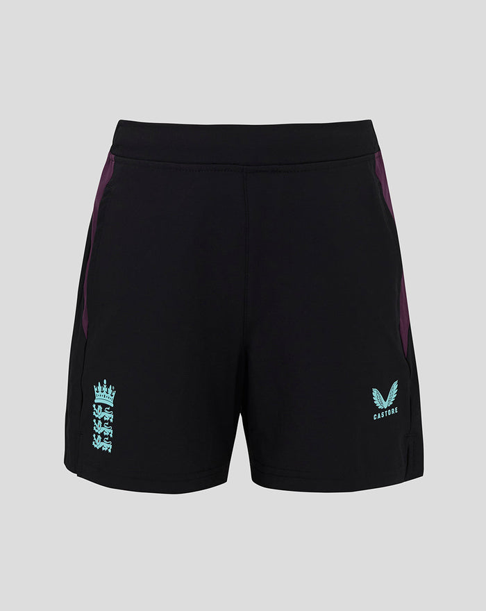 England Cricket junior training shorts in black with purple side panels, pale blue crest on left leg and Castore logo