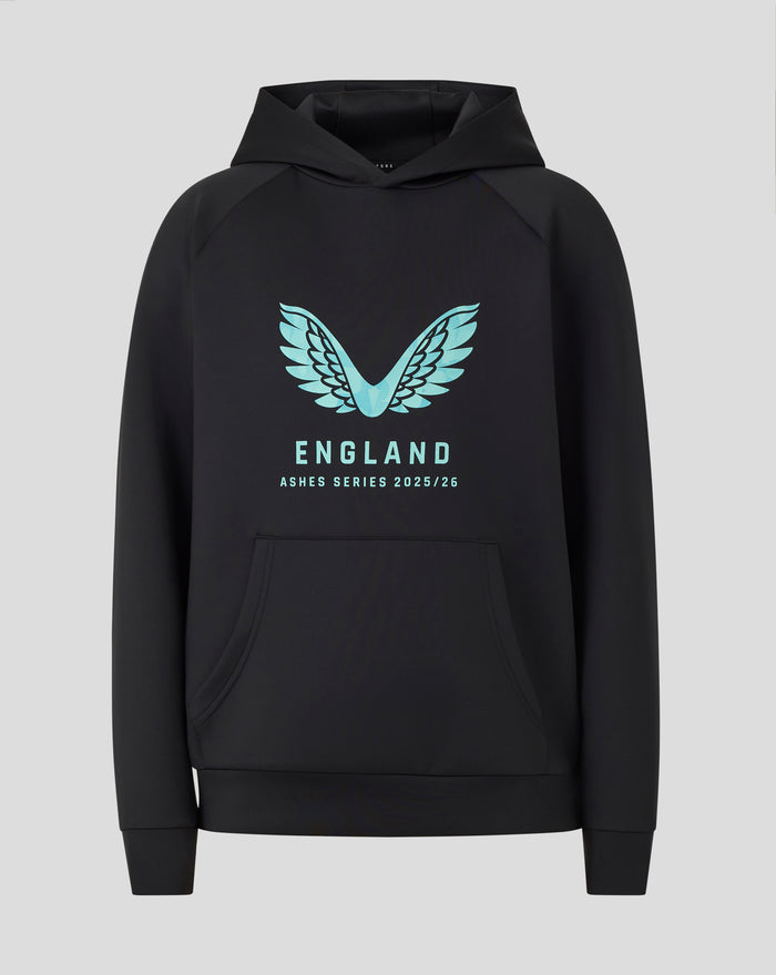 Black hoodie with teal wing emblem and England Ashes text on chest