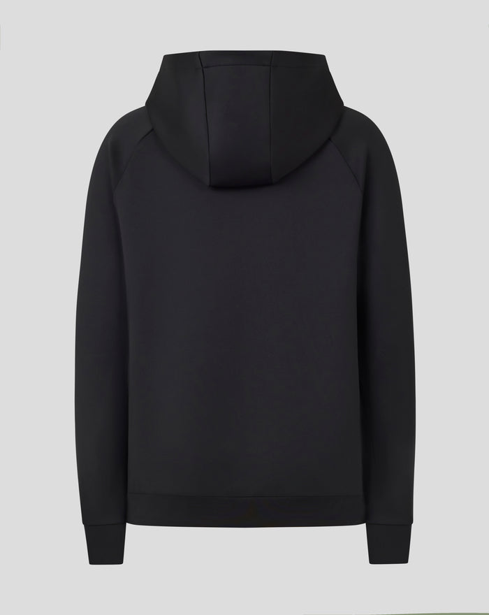 Rear view of a black Junior Ashes Pro Lock Up Logo Hoodie with the hood up