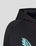 Close up of the hood and neck area on a black hoodie with clean stitching