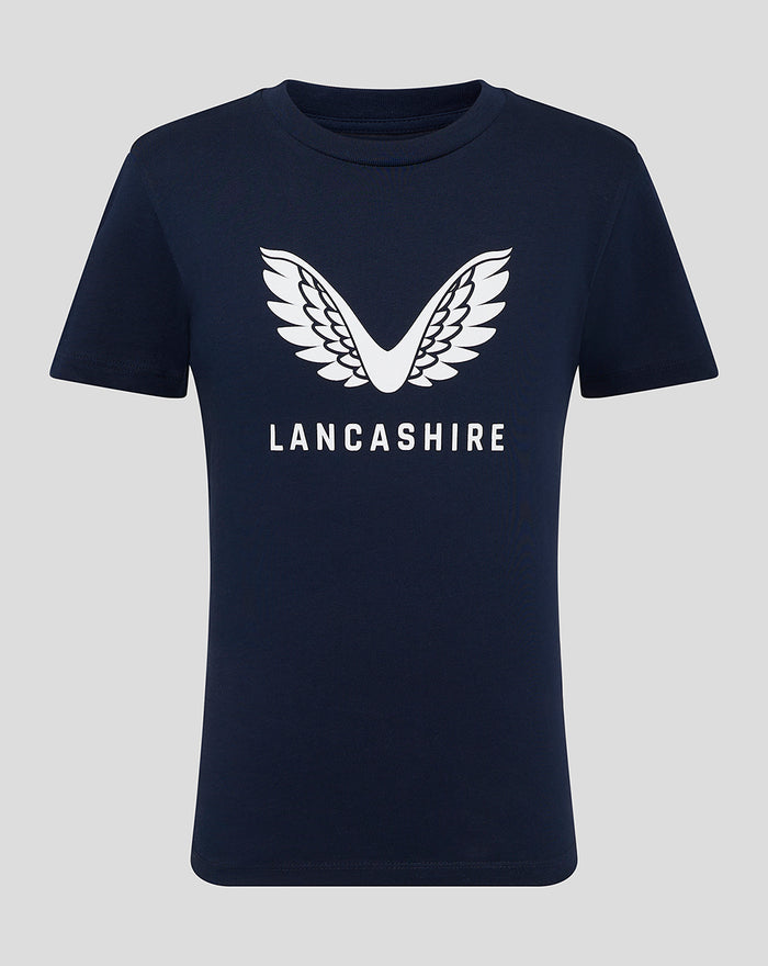 Navy T shirt with a large white wing logo and Lancashire text on front.
