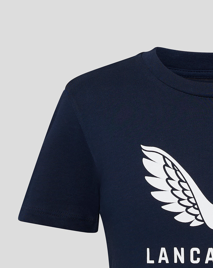 Close-up of navy tee showing a white wing logo and partial Lancashire lettering.