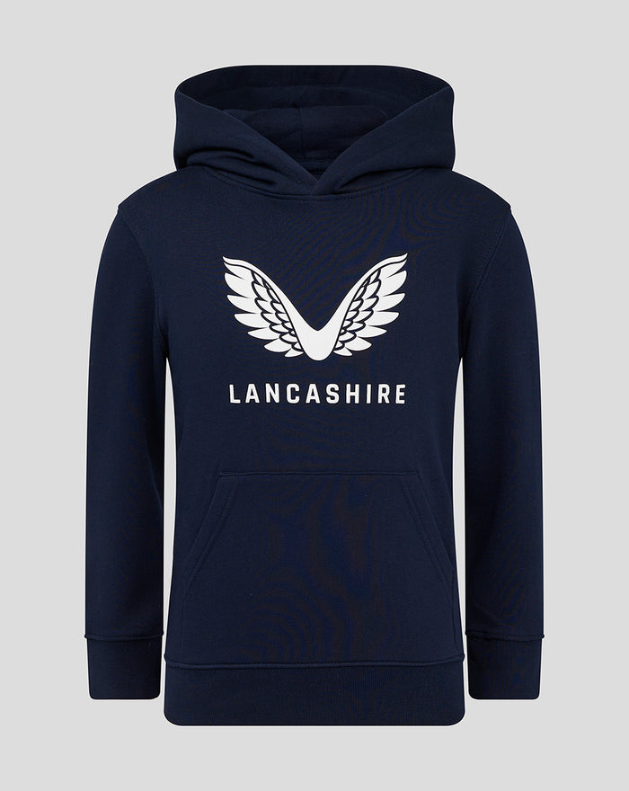 Navy hoodie with large white Lancashire logo on chest
