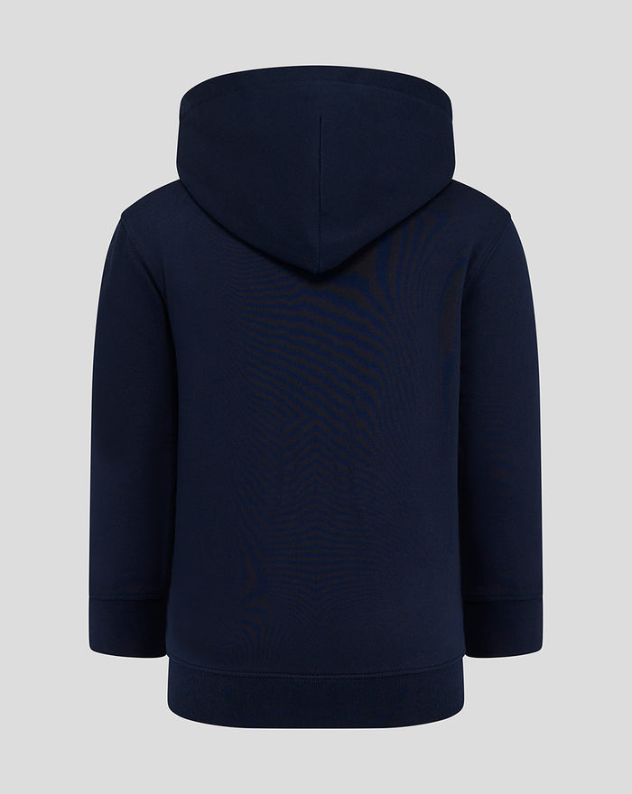 Back view of navy Lancashire hoodie with hood and ribbed hem