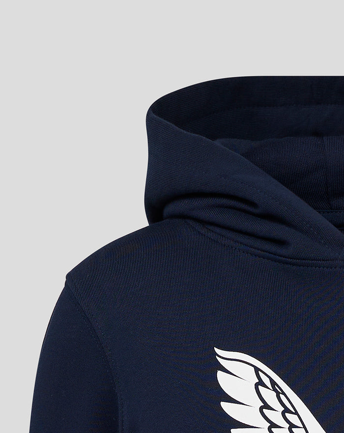 Navy junior Lancashire hoodie back view with a white wing logo.