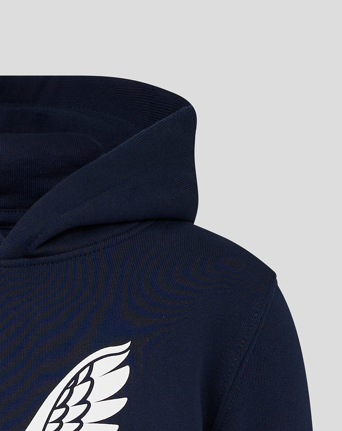 Navy Lancashire hoodie hood close up showing the white wing graphic.