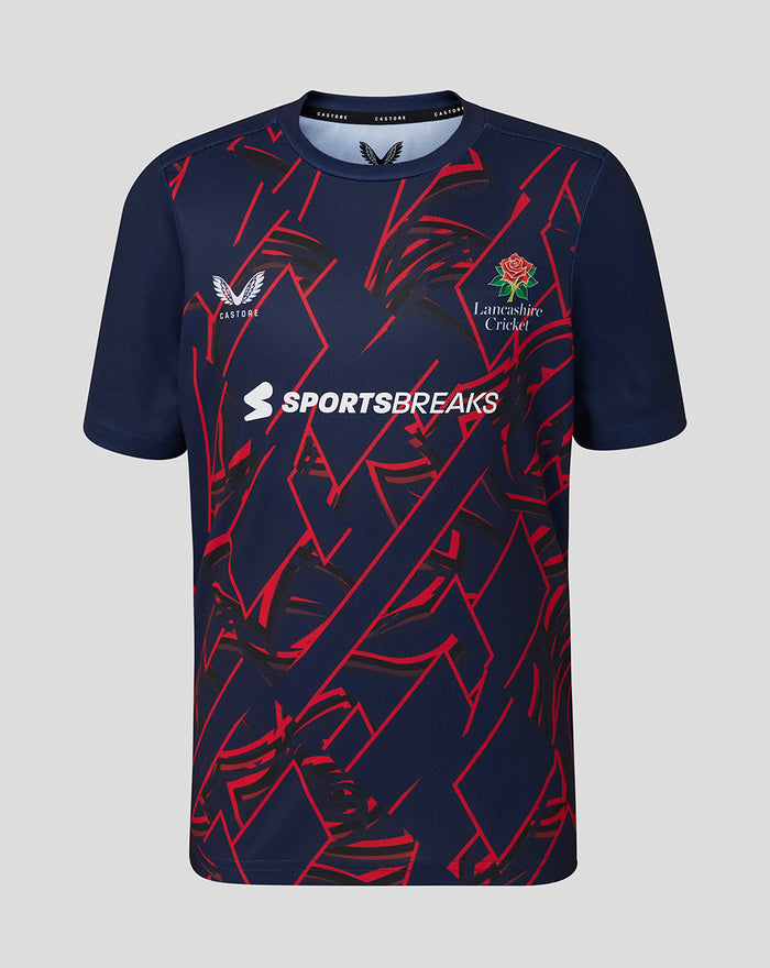 Front view of junior Peacoat navy short sleeve performance T shirt with red geometric rose graphics Lancashire Cricket crest and SportsBreaks logo.