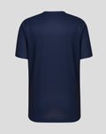 Close-up of navy junior performance tee showing neck trim branding and Lancashire Cricket crest on the chest.
