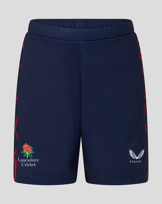 Junior 26/27 Performance Shorts in peacoat navy with red side stripes and Lancashire Cricket crest on left leg
