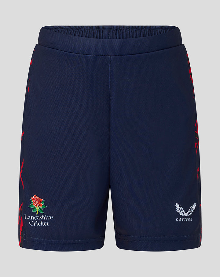 Junior 26/27 Performance Shorts in peacoat navy with red side stripes and Lancashire Cricket crest on left leg