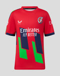 Front view of red junior T20 short sleeve jersey featuring a Lancashire Lightning crest and Emirates Fly Better sponsor