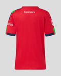 Back view of red junior T20 short sleeve jersey with Emirates branding across the upper back and colorful sleeve accents