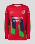 Red long sleeve junior cricket jersey with Emirates logo and bold navy green geometric graphics and Lancashire Lightning crest