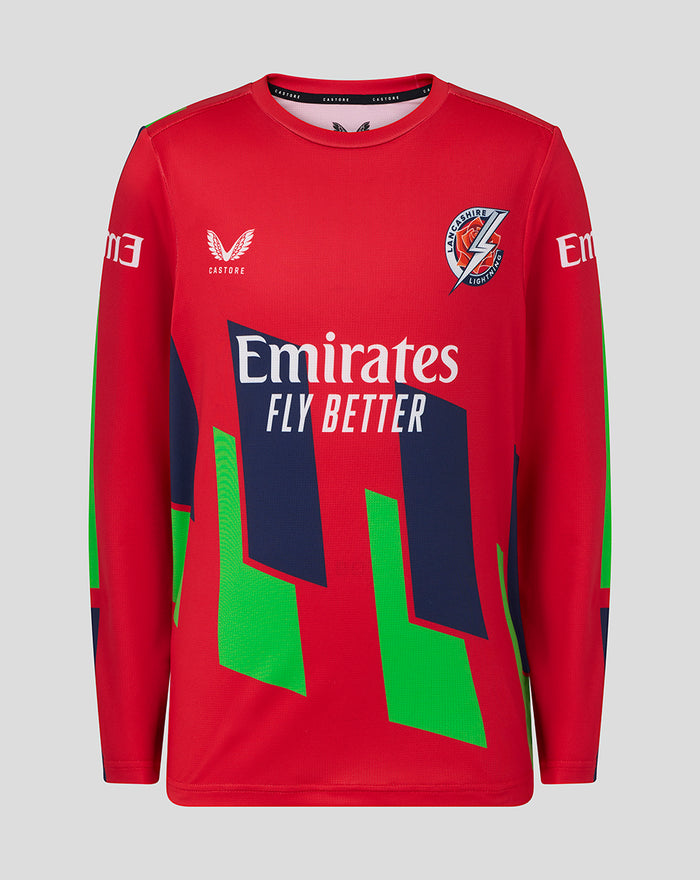 Red long sleeve junior cricket jersey with Emirates logo and bold navy green geometric graphics and Lancashire Lightning crest