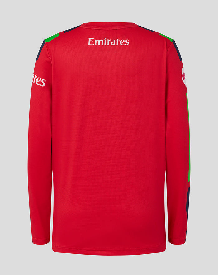 Back view of red long sleeve junior cricket jersey with Emirates across the upper back and green and navy sleeve accents