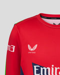 Front view of red junior T20 jersey with Emirates logo and wing emblem and green panel details