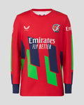 Front view of red Junior 26/27 T20 Sweatshirt with Emirates Fly Better graphic and club crest on the chest and neon sleeves.