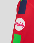 Close-up of red Junior 26/27 T20 sweatshirt featuring Vitality round logo and color block accents.