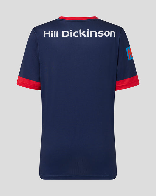 Back view of navy junior One Day short sleeve jersey with Hill Dickinson across the upper back and red sleeve cuffs.