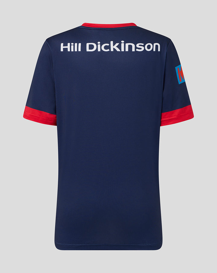 Back view of navy junior One Day short sleeve jersey with Hill Dickinson across the upper back and red sleeve cuffs.