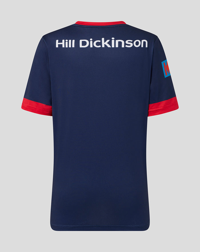 Back view of navy junior One Day short sleeve jersey with Hill Dickinson across the upper back and red sleeve cuffs.