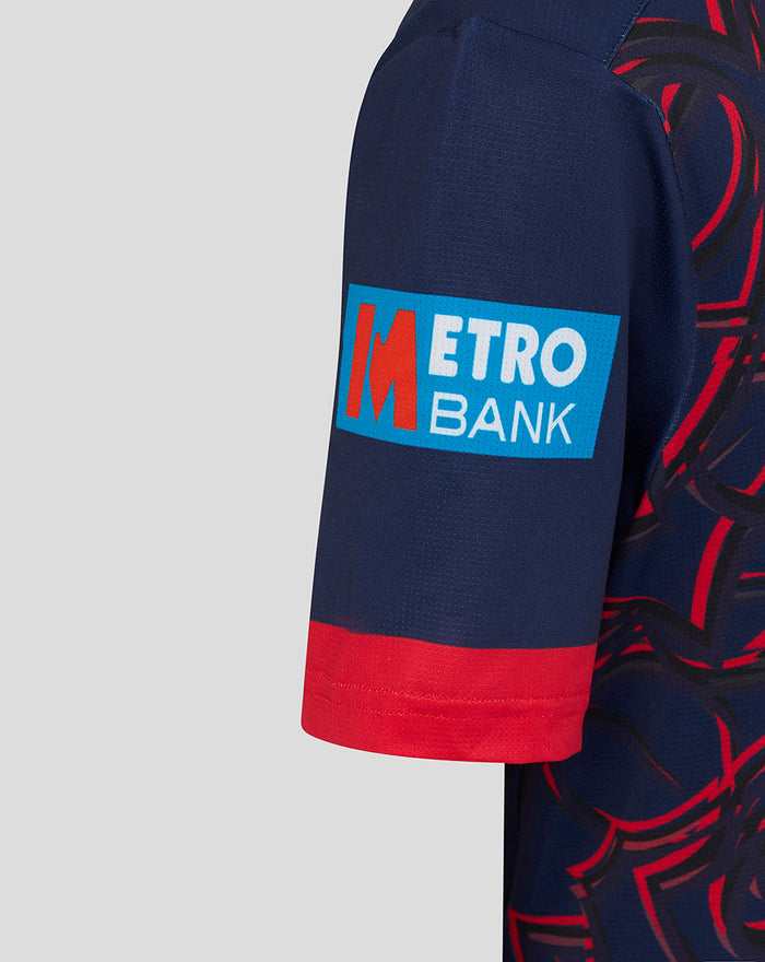Junior navy short sleeve jersey with red trim and Metro Bank sponsor patch on the sleeve