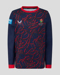 Front view of Junior 26/27 One Day Long Sleeve Jersey in peacoat with bold red rose pattern and Lancashire Cricket crest.