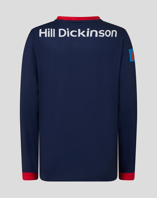 Back view of navy Junior 26/27 One Day Long Sleeve Jersey with Hill Dickinson across the upper back.