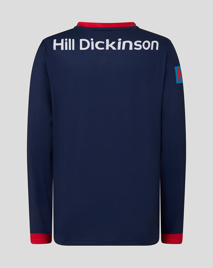 Back view of navy Junior 26/27 One Day Long Sleeve Jersey with Hill Dickinson across the upper back.