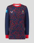Front view of navy Junior One Day Sweatshirt in Peacoat with red cuffs and collar, all over red rose pattern and Lancashire Cricket crest on chest