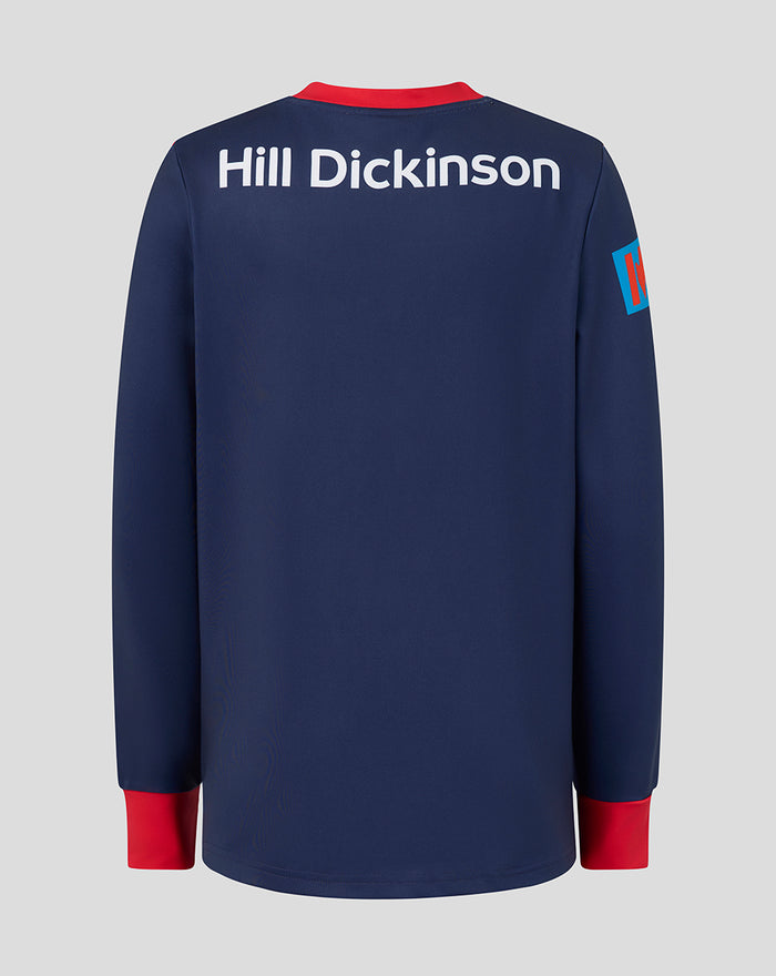 Back view of navy Junior 26/27 One Day Sweatshirt with Hill Dickinson across the upper back.