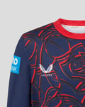 Front view of navy One Day Sweatshirt featuring Castore crest and red abstract pattern with red collar.