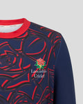 Navy junior One Day sweatshirt with red collar, bold red swirl pattern and Lancashire Cricket crest.