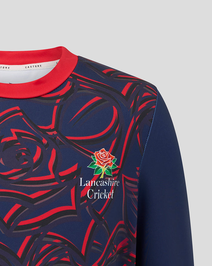 Navy junior One Day sweatshirt with red collar, bold red swirl pattern and Lancashire Cricket crest.