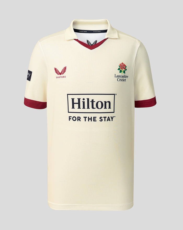 Cream County Champs short sleeve jersey featuring maroon trim, Red Rose crest and Hilton sponsor.