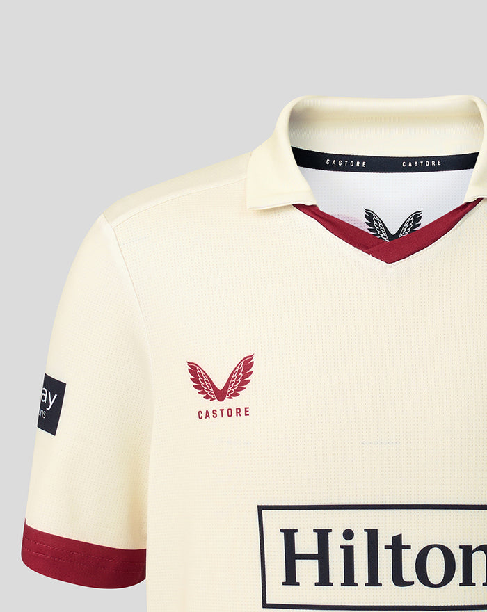Cream jersey chest with red rose Lancashire Cricket crest and Castore collar detail.