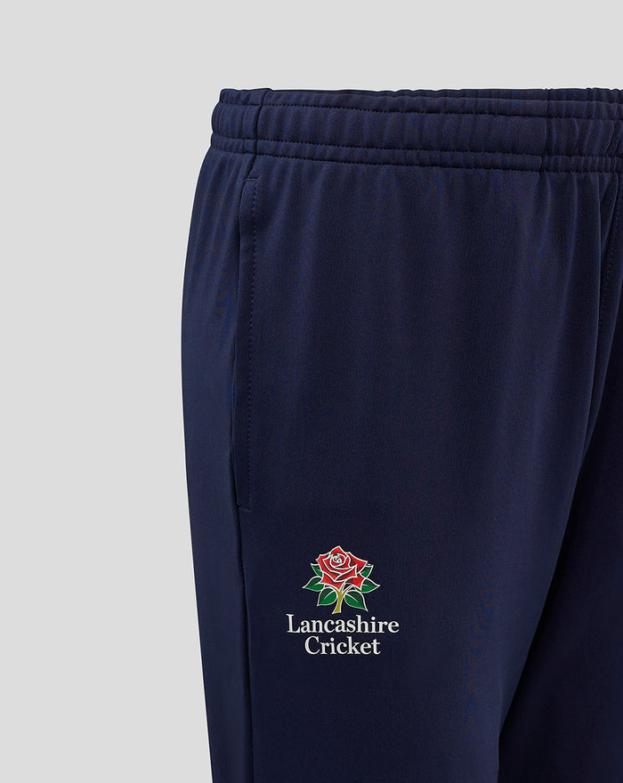 Navy Junior Lancashire Slim Fit Pant with elastic waist and Lancashire Cricket logo.