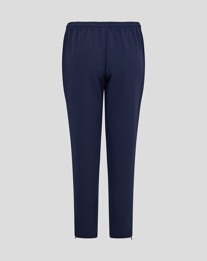 Rear view of navy Lancashire track pants with an elastic waistband