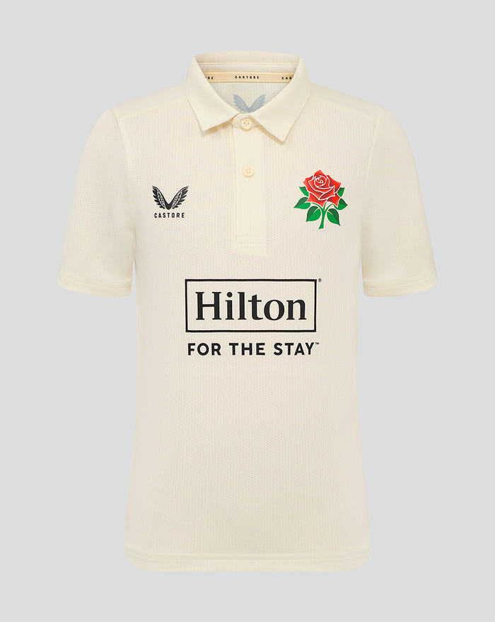 Cream Lancashire County Championship junior short sleeve playing jersey with crest on left chest and Hilton sponsor