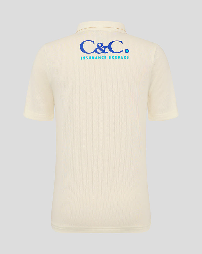 Back view of cream Lancashire County Championship junior short sleeve playing jersey with C&C Insurance Brokers logo across the upper back