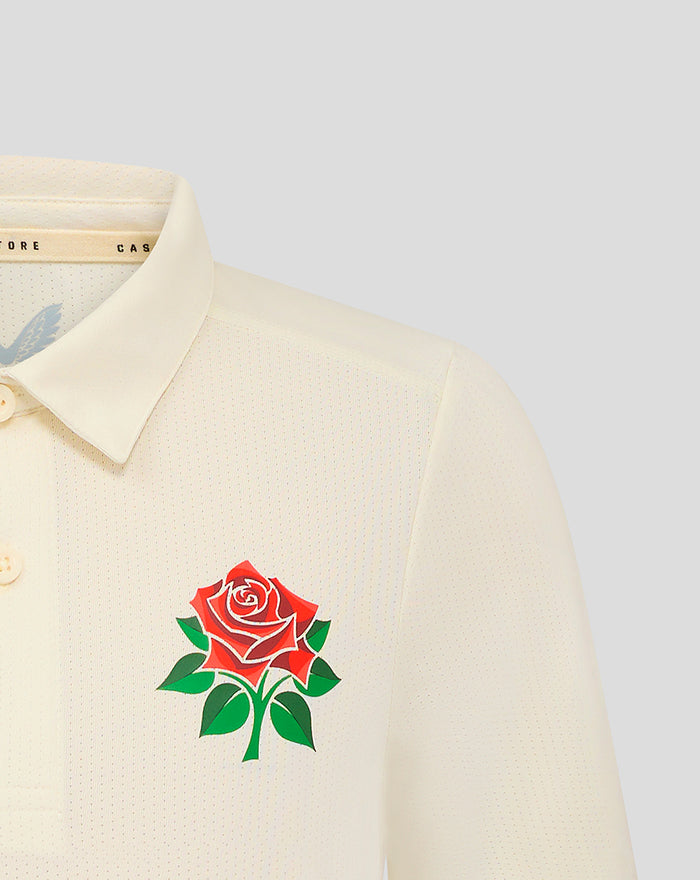 Cream Lancashire junior playing jersey chest featuring red rose crest and Lancashire Cricket branding.