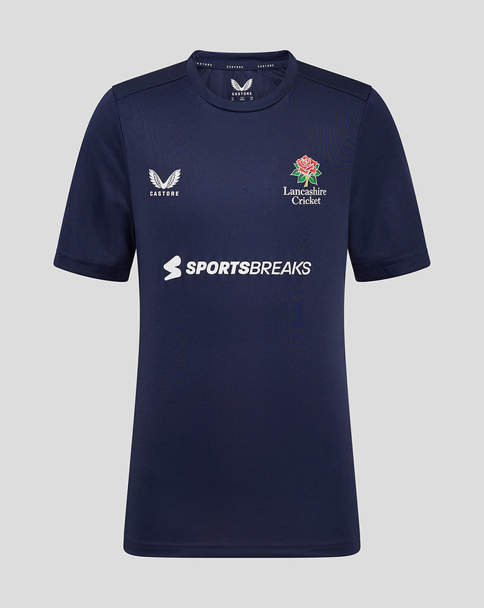 Front view of navy Junior Lancashire Training Tee with crest logo on chest and Sportsbreaks sponsor.