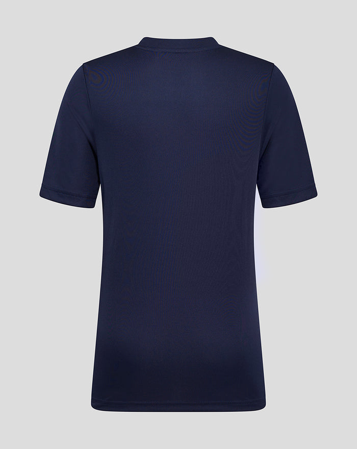 Back view close up of navy Junior Lancashire Training Tee showing shoulder seams and neck branding.