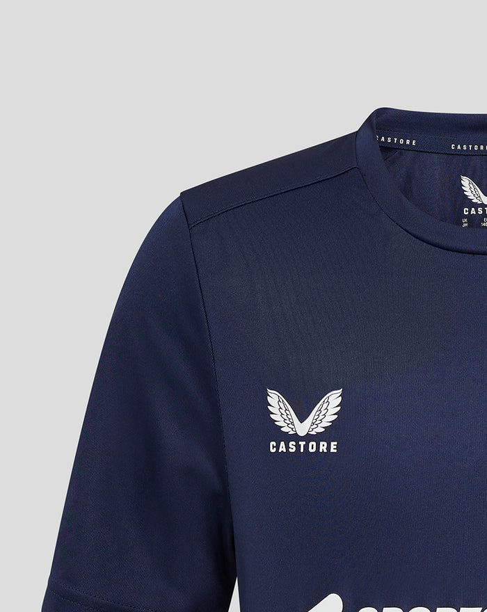 Front close up of navy Junior Lancashire Training Tee with Lancashire crest and Sportsbreaks sponsor.