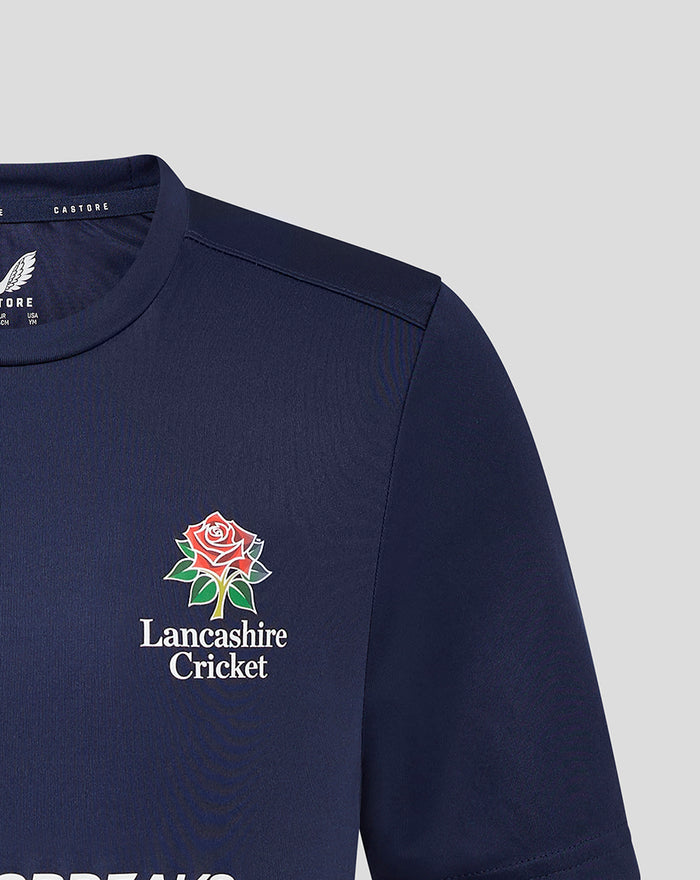 Navy junior Lancashire Training Tee with a Lancashire Cricket rose crest on the chest.