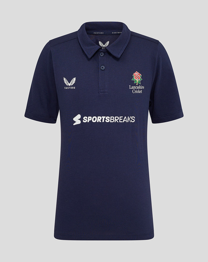 Front view of navy Lancashire Cricket junior polo with Castore wing logo on left chest, rose crest on right chest, and Sportsbreaks across the front