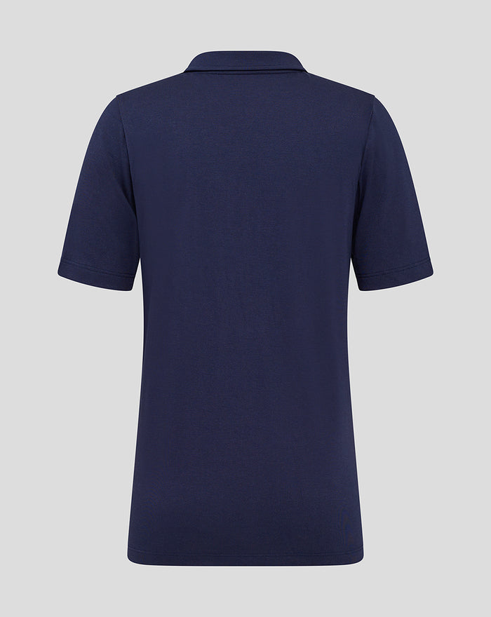 Back view of navy Lancashire Cricket junior polo showing a clean back with shoulder seams and short sleeves