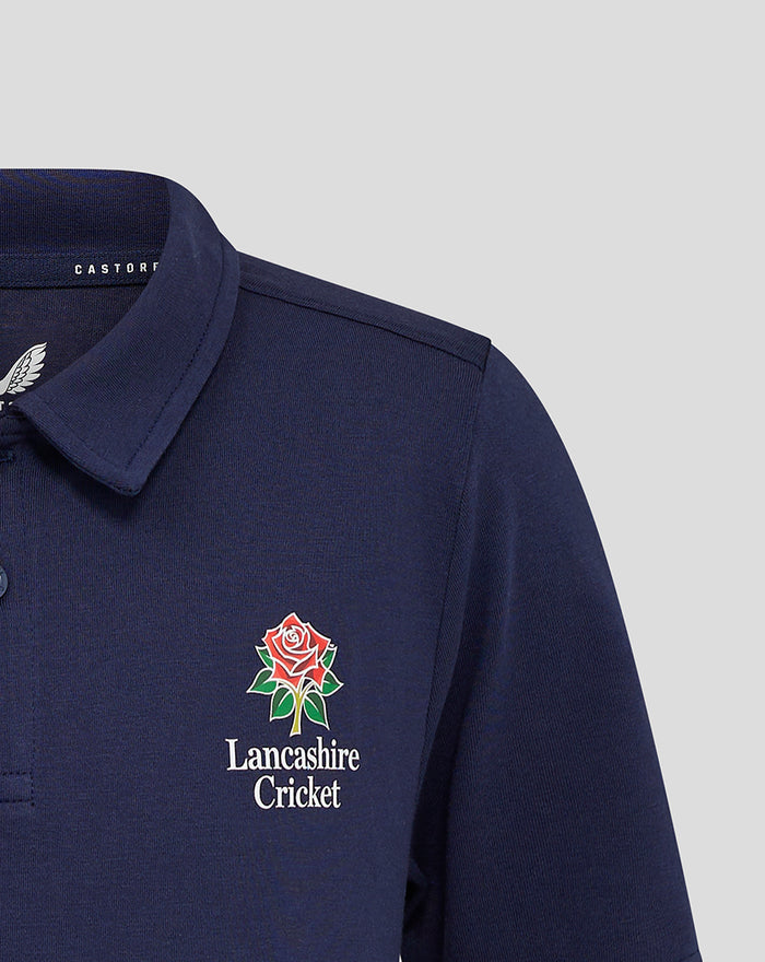 Navy polo shirt with Lancashire Cricket crest on the left chest
