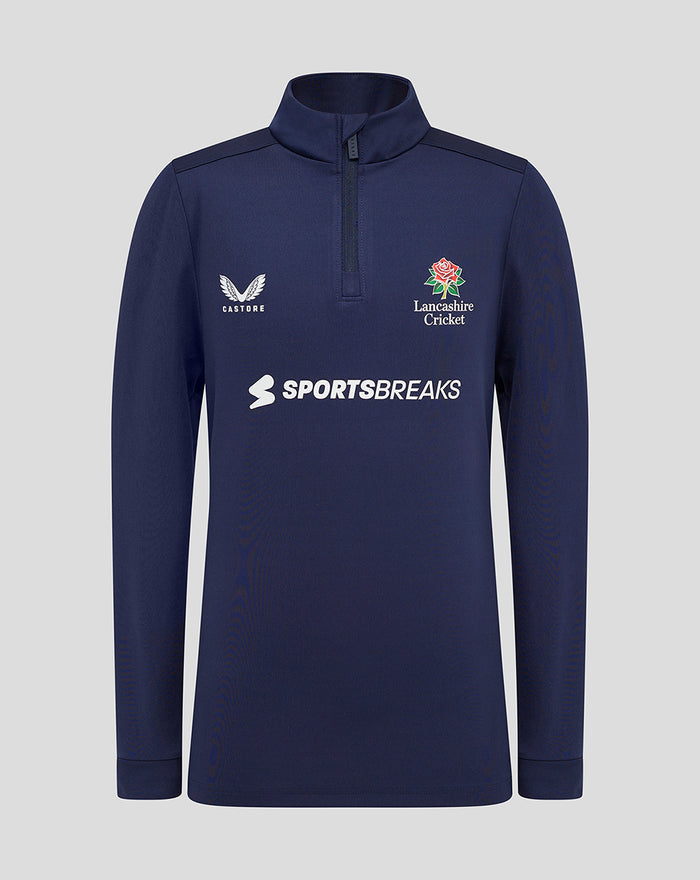 Junior navy Lancashire quarter zip top with crest on chest and Castore logo, and Sportsbreaks sponsor across the front.